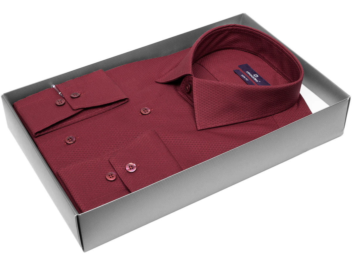 Бордовая приталенная мужская рубашка Poggino 7018-28 с длинными рукавами купить в Москве недорого