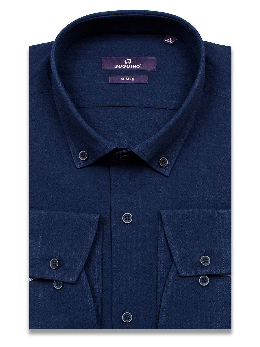 Темно-синяя приталенная мужская рубашка Poggino 7015-103 с длинным рукавом